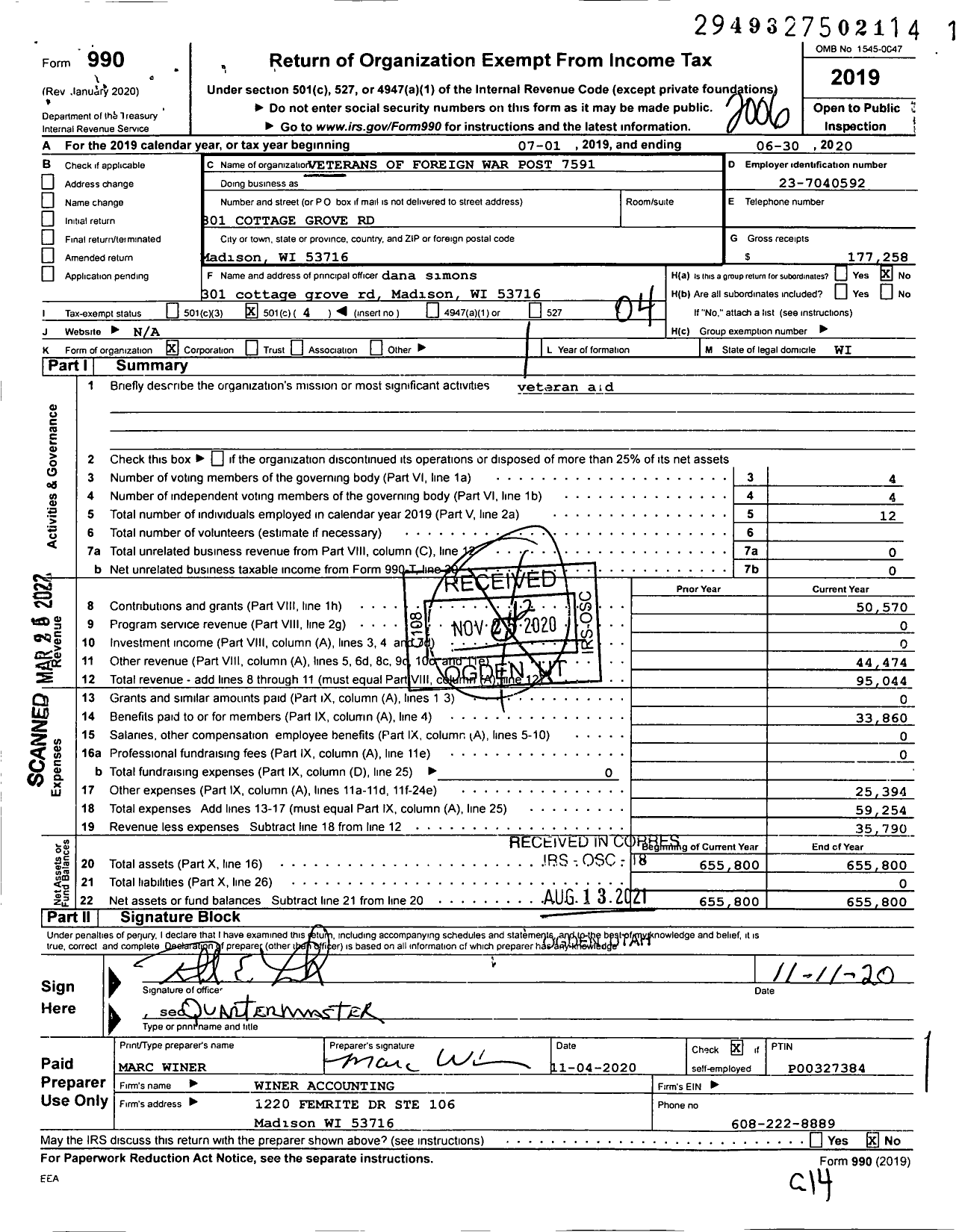 Image of first page of 2019 Form 990O for VFW Wi - VFW Post 7591