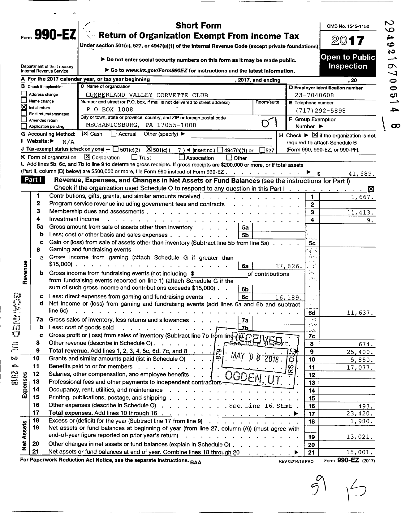 Image of first page of 2017 Form 990EO for Cumberland Valley Corvette Club