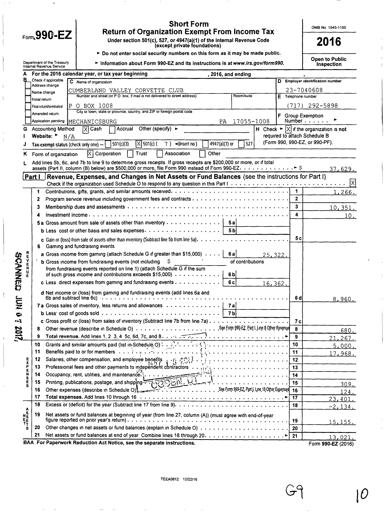 Image of first page of 2016 Form 990EO for Cumberland Valley Corvette Club