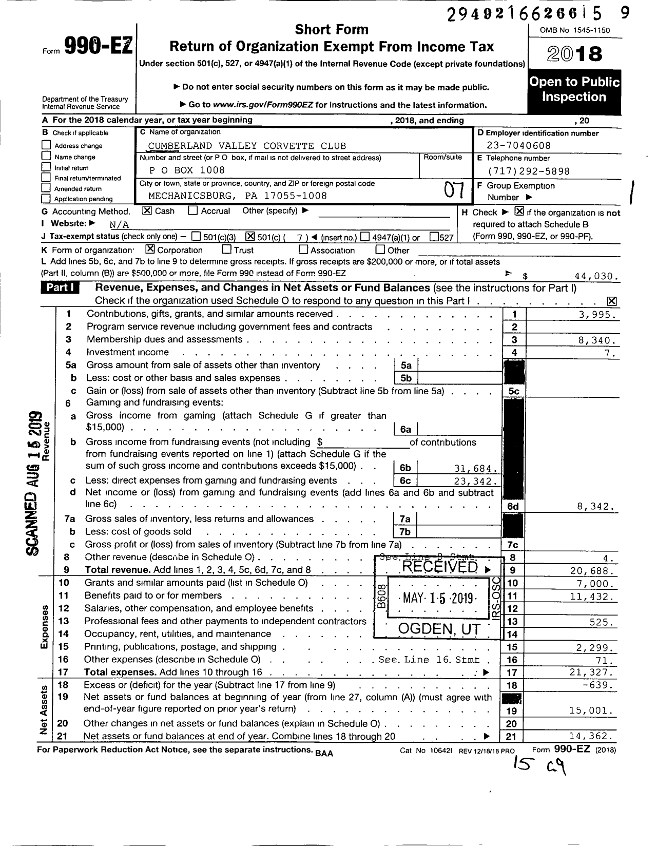 Image of first page of 2018 Form 990EO for Cumberland Valley Corvette Club