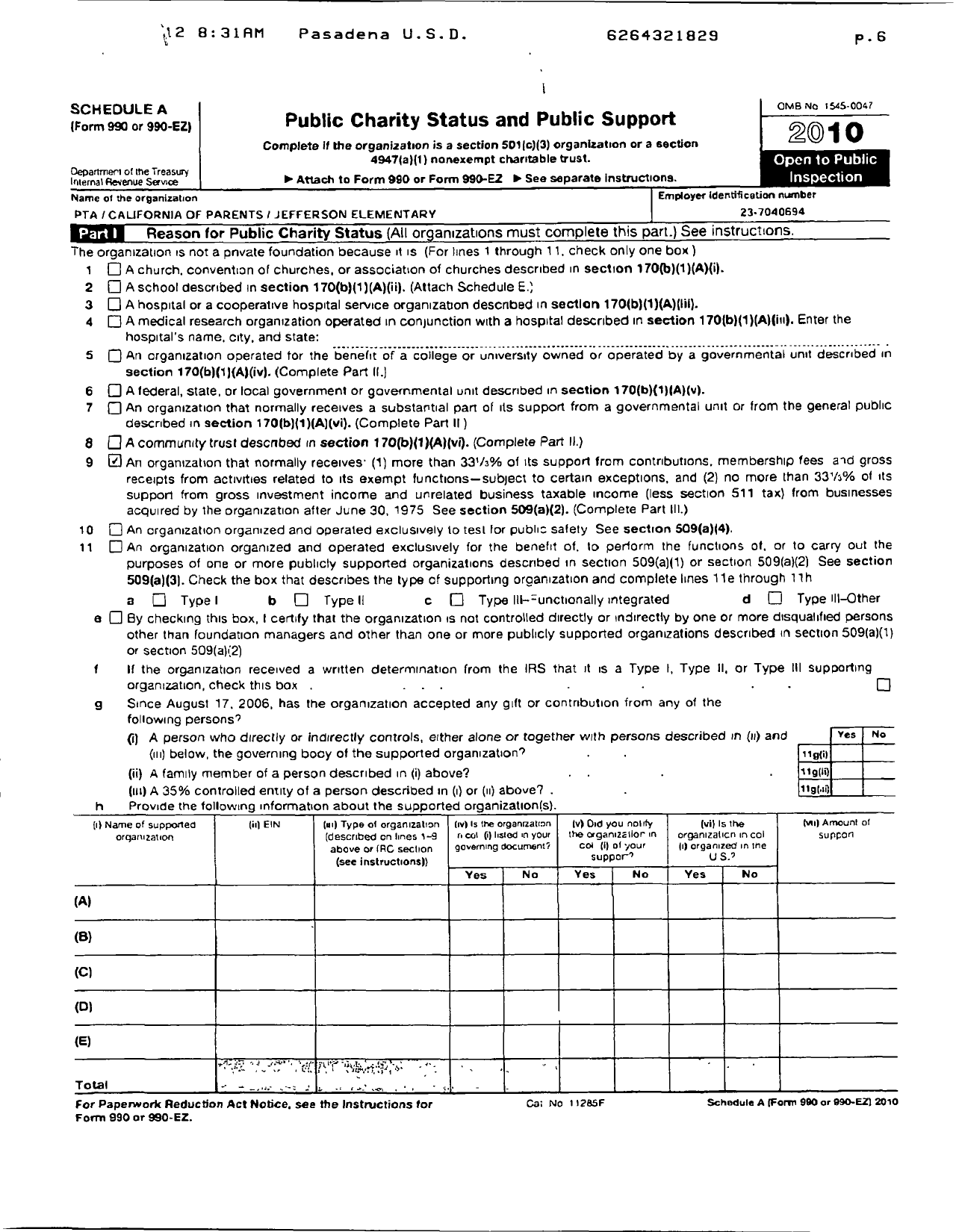 Image of first page of 2010 Form 990ER for California State PTA - 199 Jefferson Elementary PTA