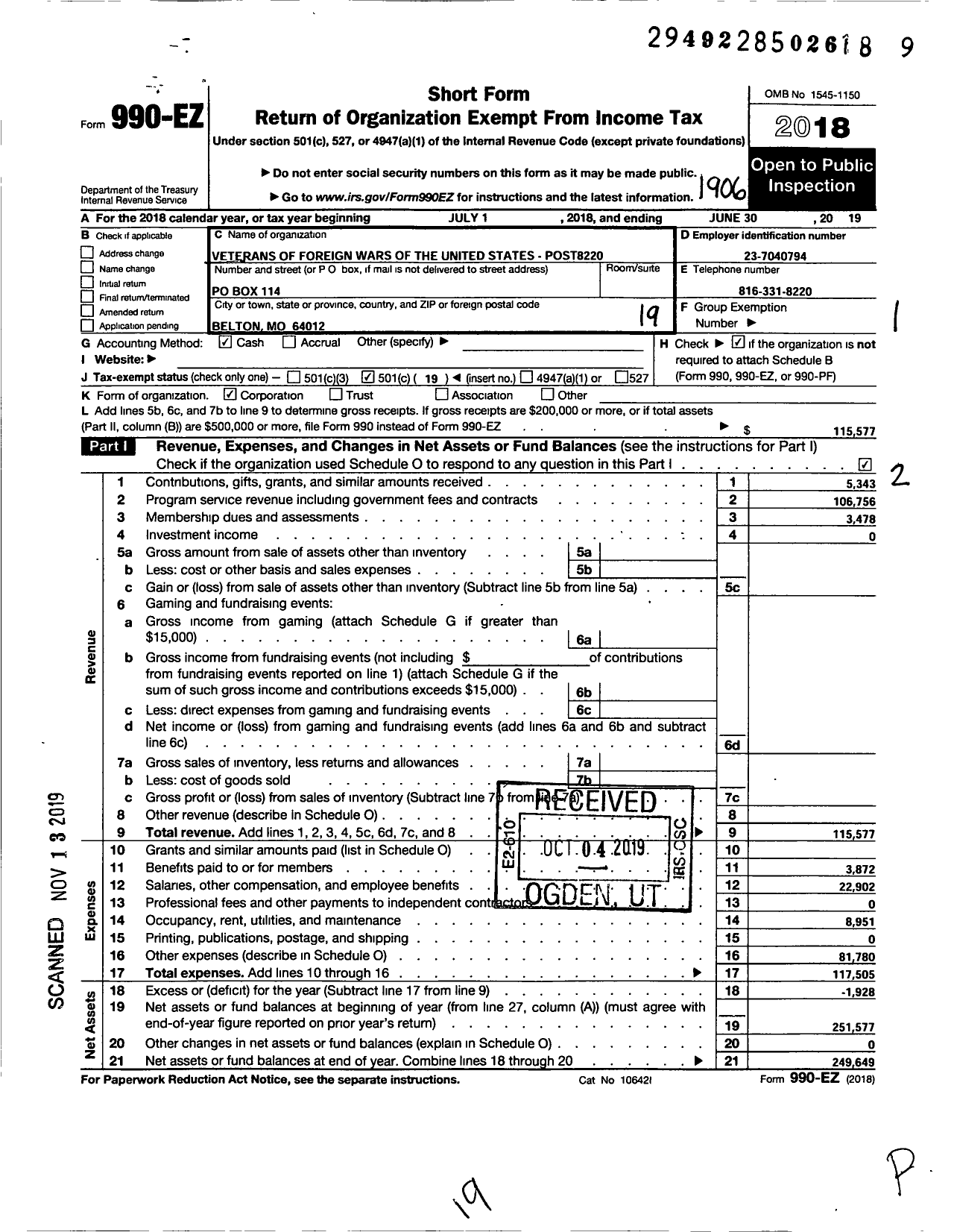 Image of first page of 2018 Form 990EO for VFW Missouri - 8220 VFW Post