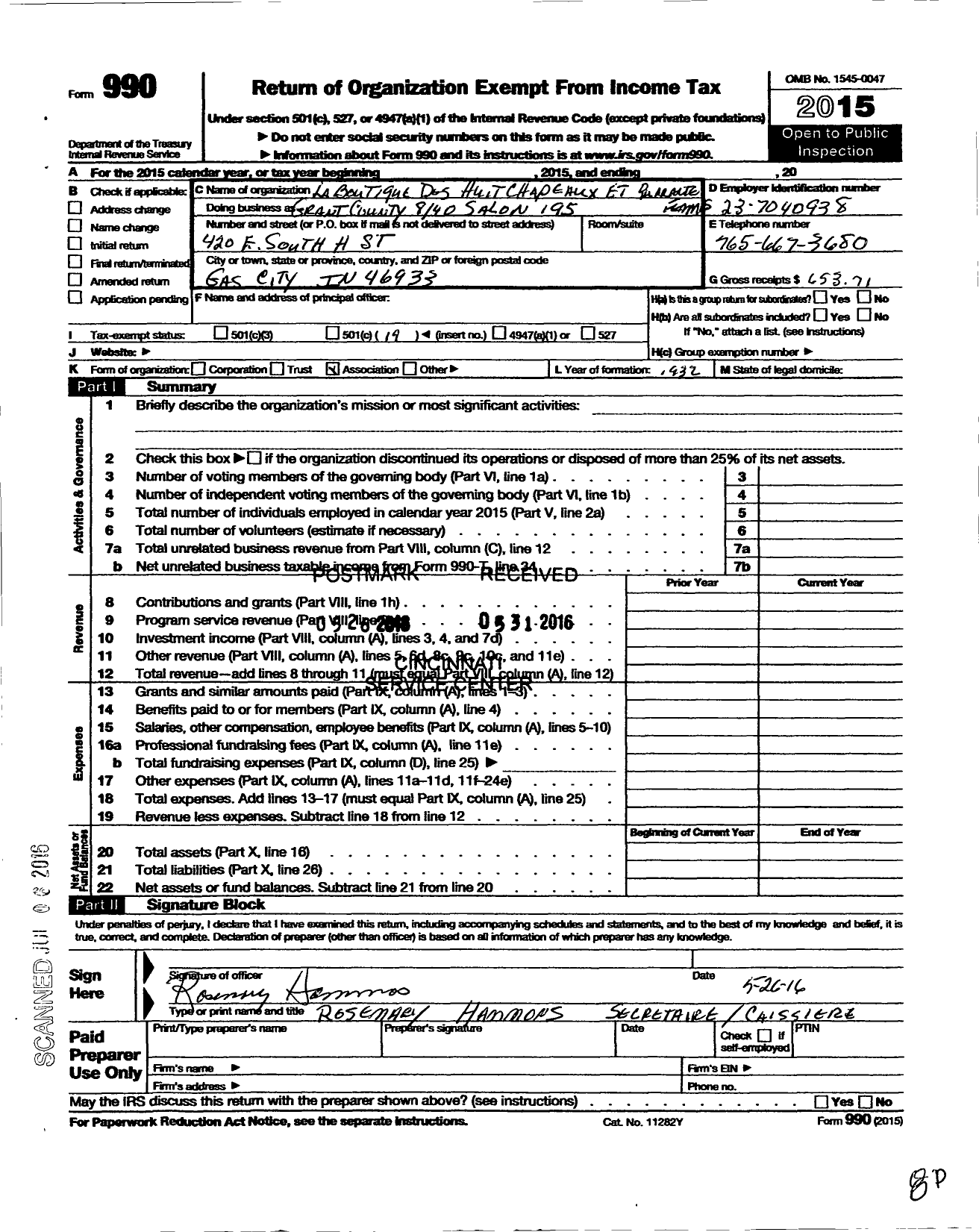 Image of first page of 2015 Form 990O for Salon National Laboutique Des Huit Chapeaux Et Quarante Femmes - 195 Grant County