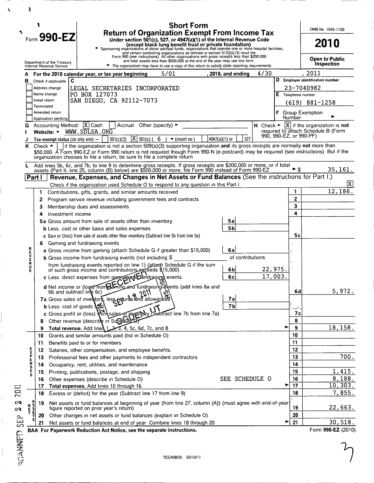 Image of first page of 2010 Form 990EO for Legal Secretaries Incorporated / San Diego