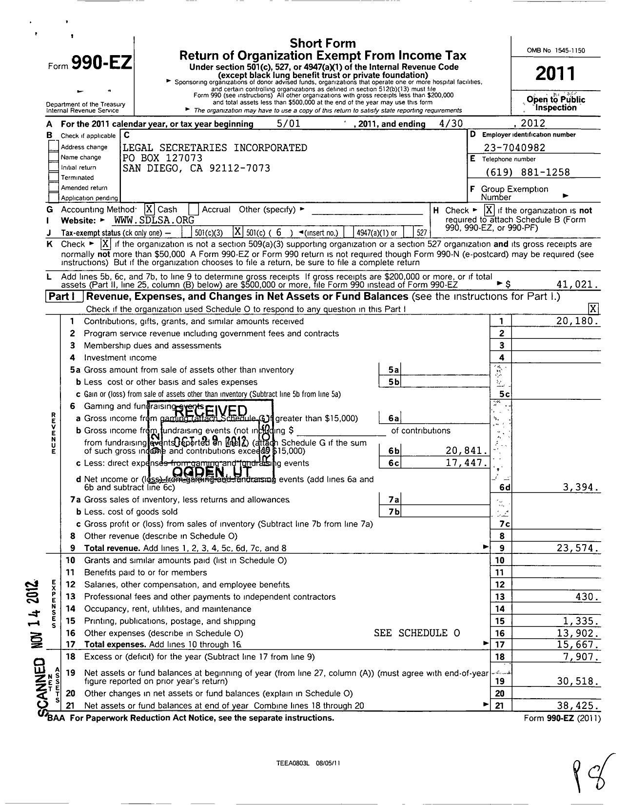 Image of first page of 2011 Form 990EO for Legal Secretaries Incorporated / San Diego