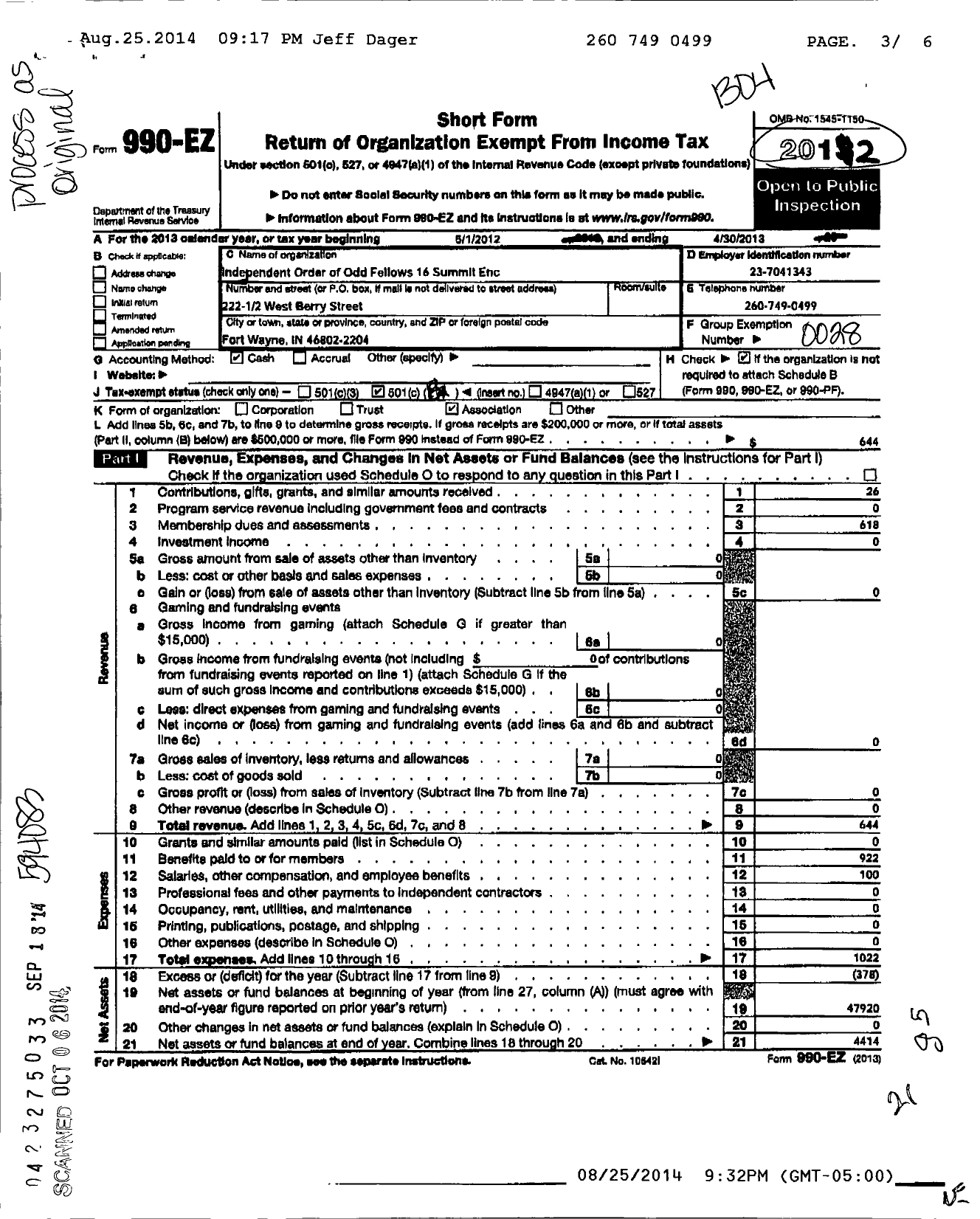 Image of first page of 2012 Form 990EO for Independent Order of Odd Fellows - 16 Summit Enc