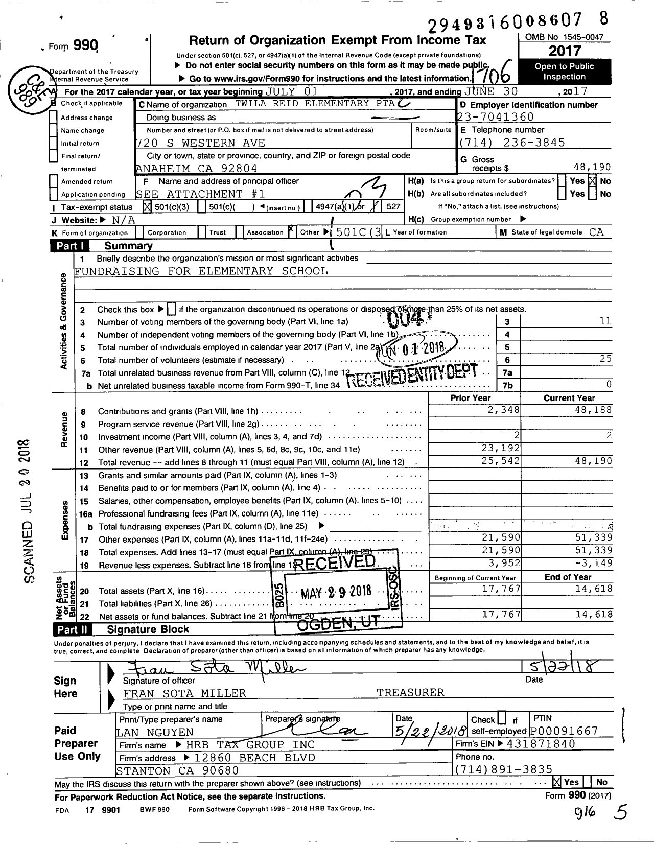 Image of first page of 2016 Form 990 for California State PTA - 607 Twila Reid Elementary PTA