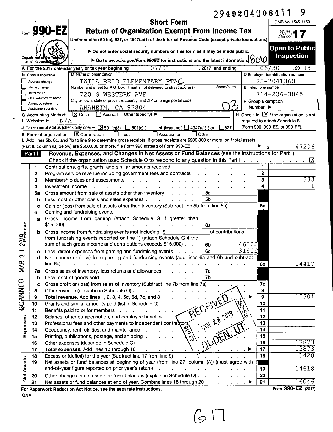 Image of first page of 2017 Form 990EZ for California State PTA - 607 Twila Reid Elementary PTA