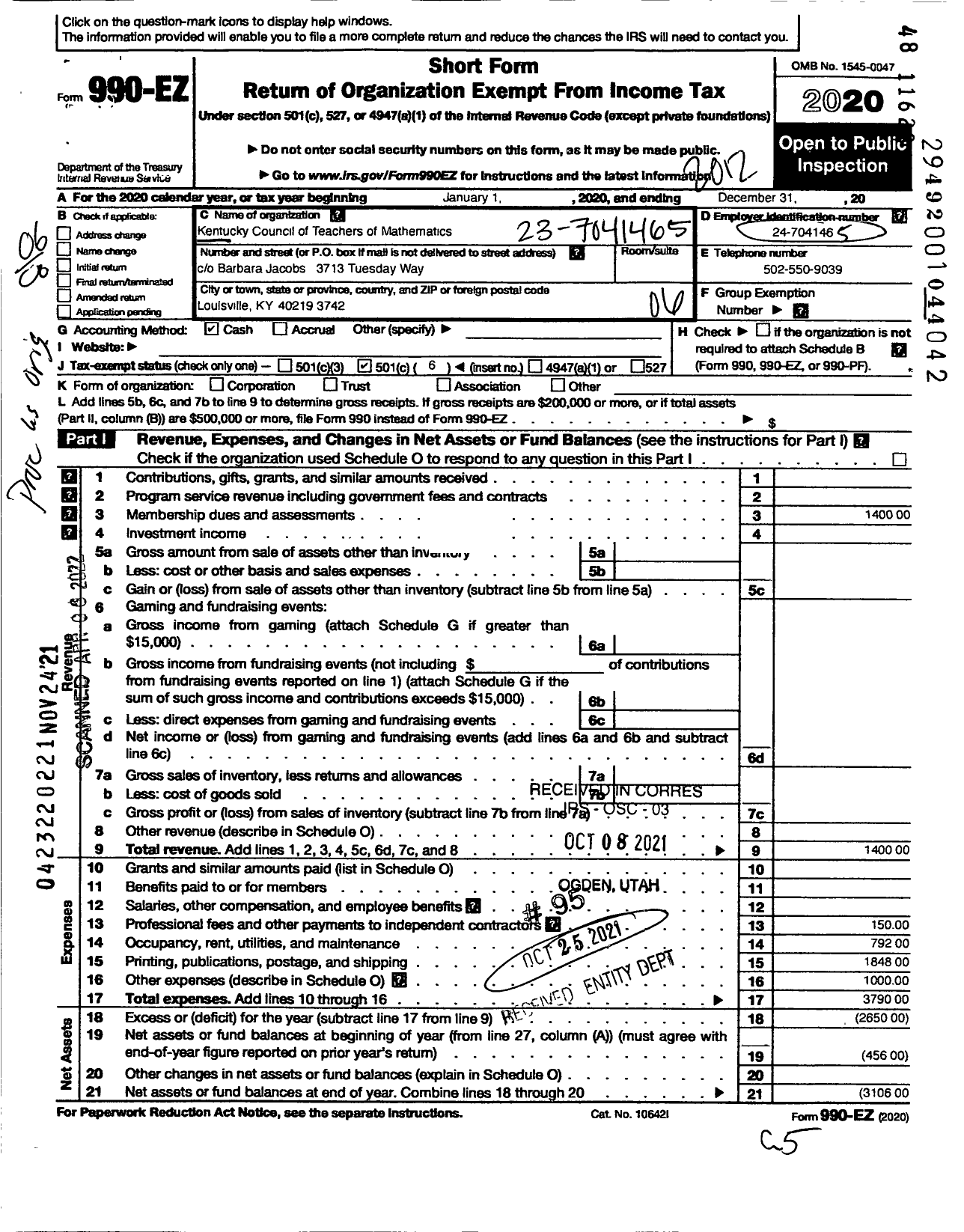 Image of first page of 2020 Form 990EO for Kentucky Council of Teachers of Mathematics