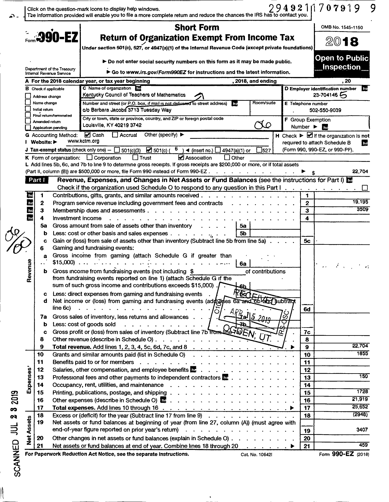 Image of first page of 2018 Form 990EO for Kentucky Council of Teachers of Mathematics