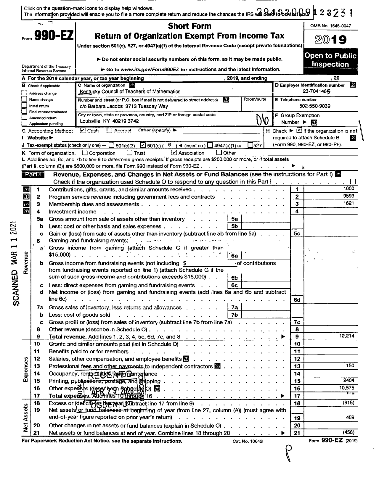 Image of first page of 2019 Form 990EO for Kentucky Council of Teachers of Mathematics