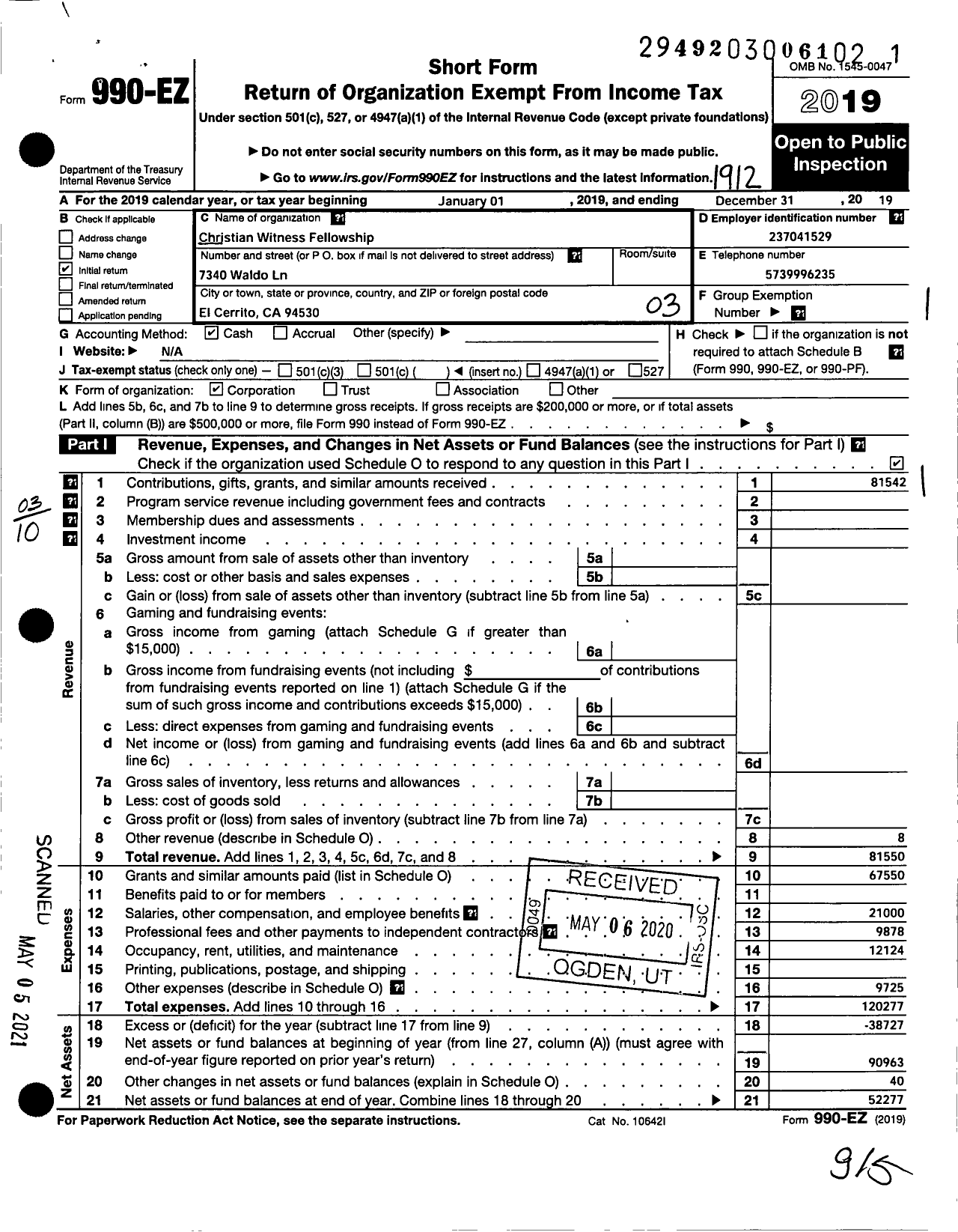 Image of first page of 2019 Form 990EZ for Christian Witness Fellowship