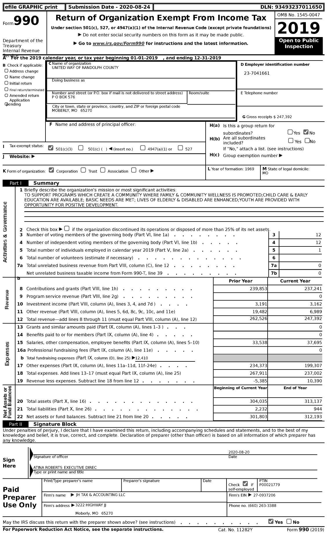 Image of first page of 2019 Form 990 for United Way of Randolph County