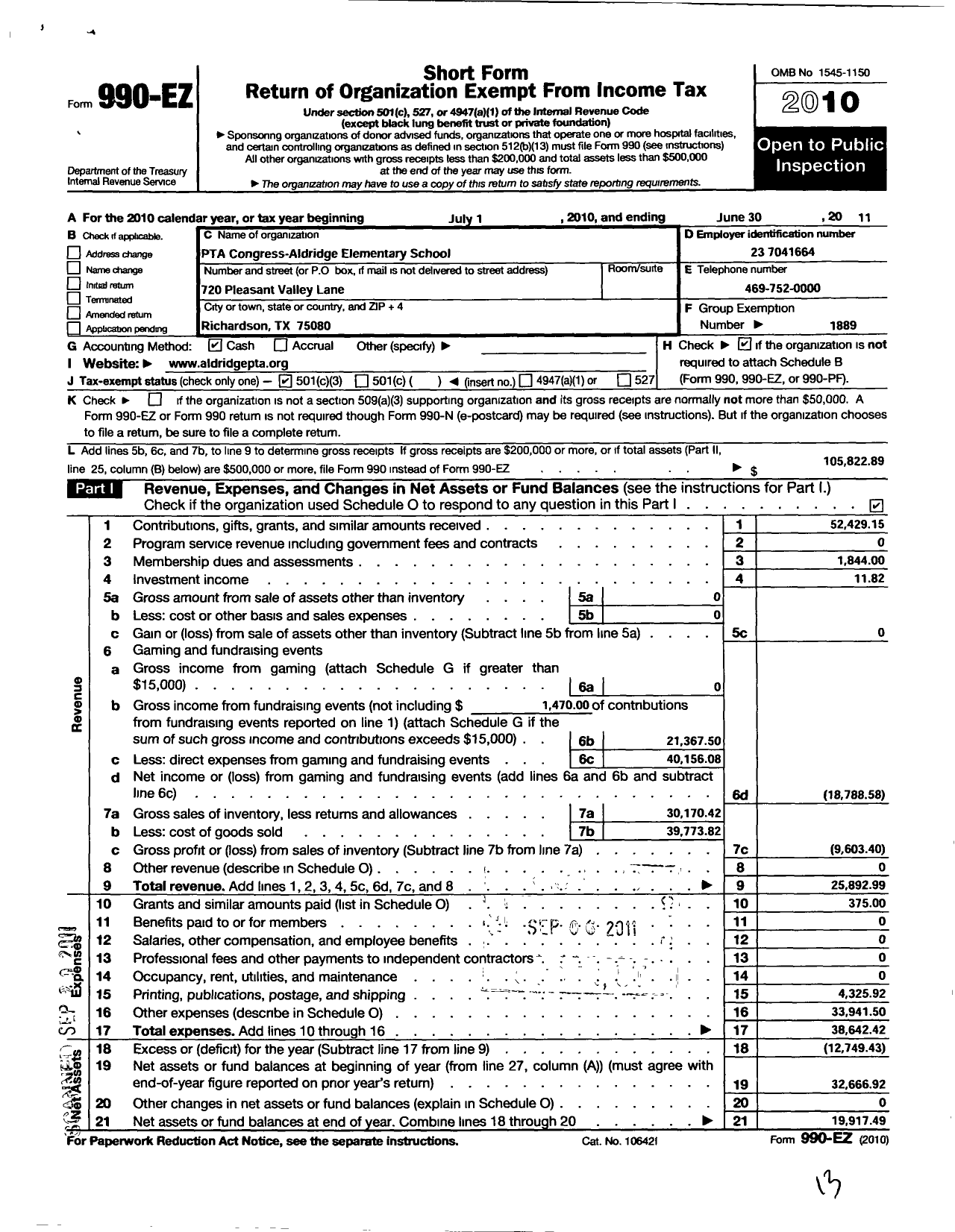 Image of first page of 2010 Form 990EZ for Texas PTA - Aldridge Elementary School
