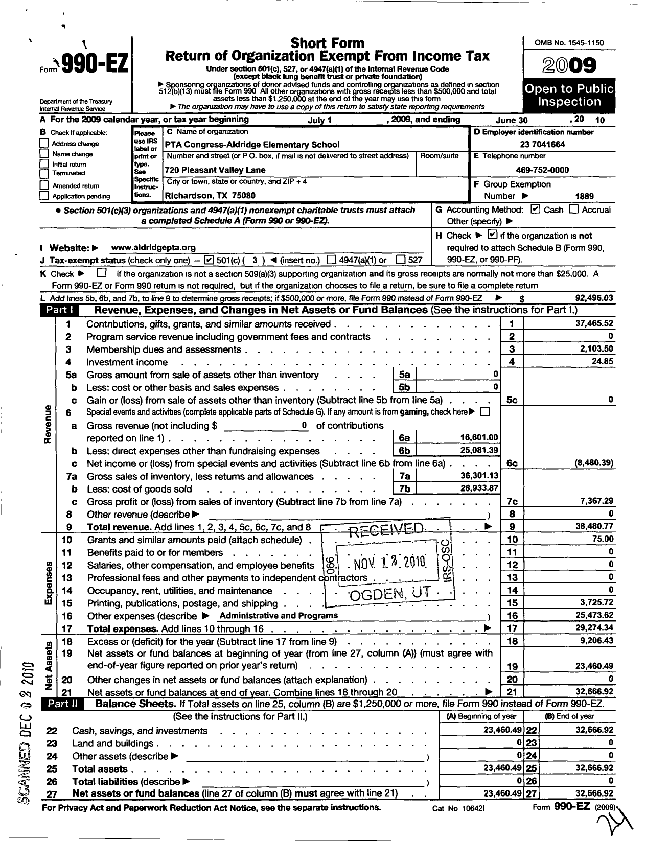 Image of first page of 2009 Form 990EZ for Texas PTA - Aldridge Elementary School