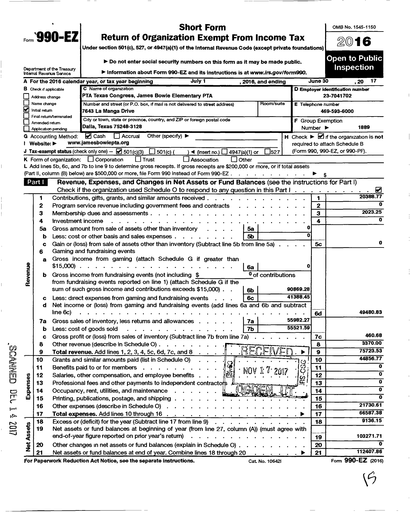 Image of first page of 2016 Form 990EZ for Texas PTA - James Bowie Elementary PTA