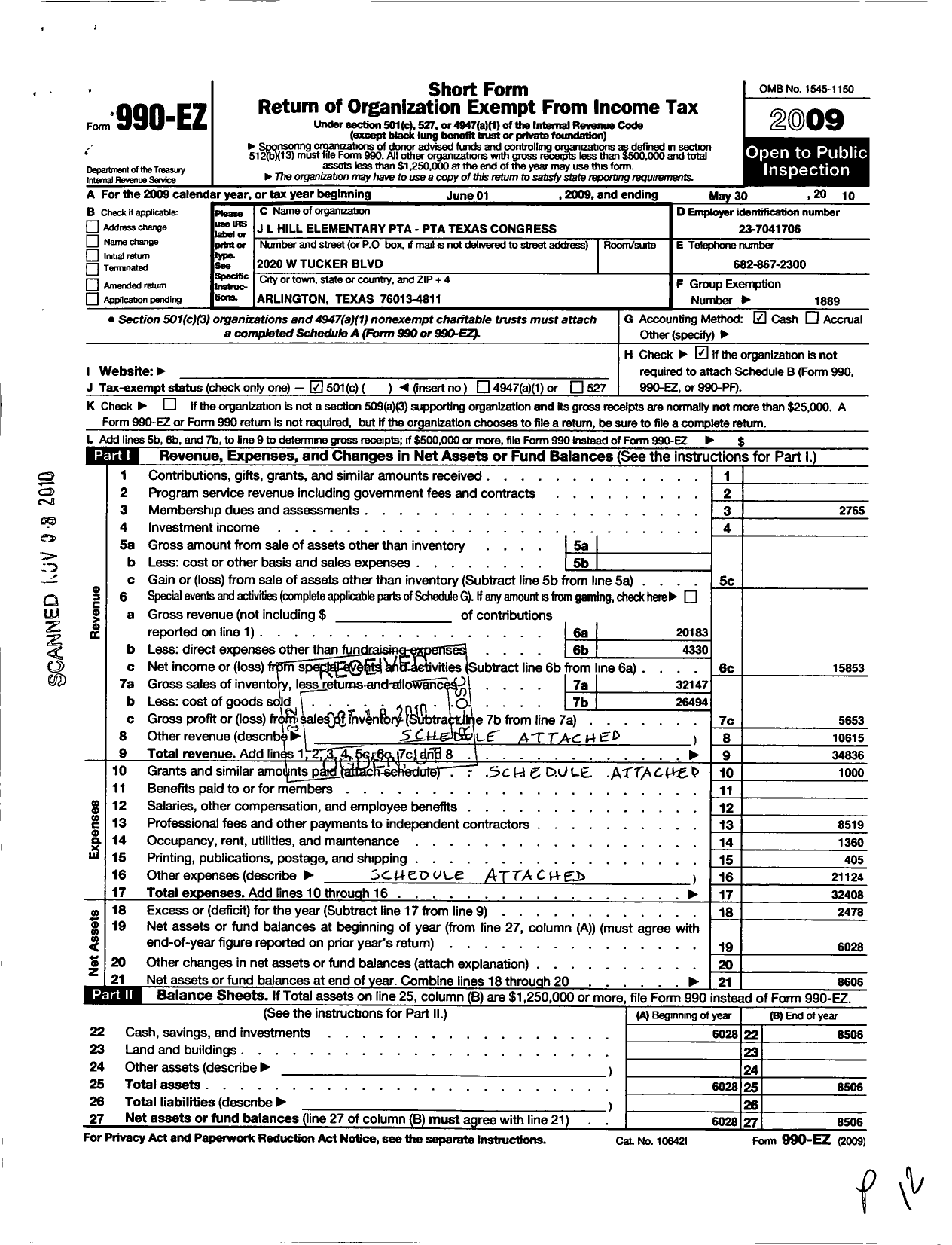 Image of first page of 2009 Form 990EO for Texas PTA - J L Hill Elementary PTA