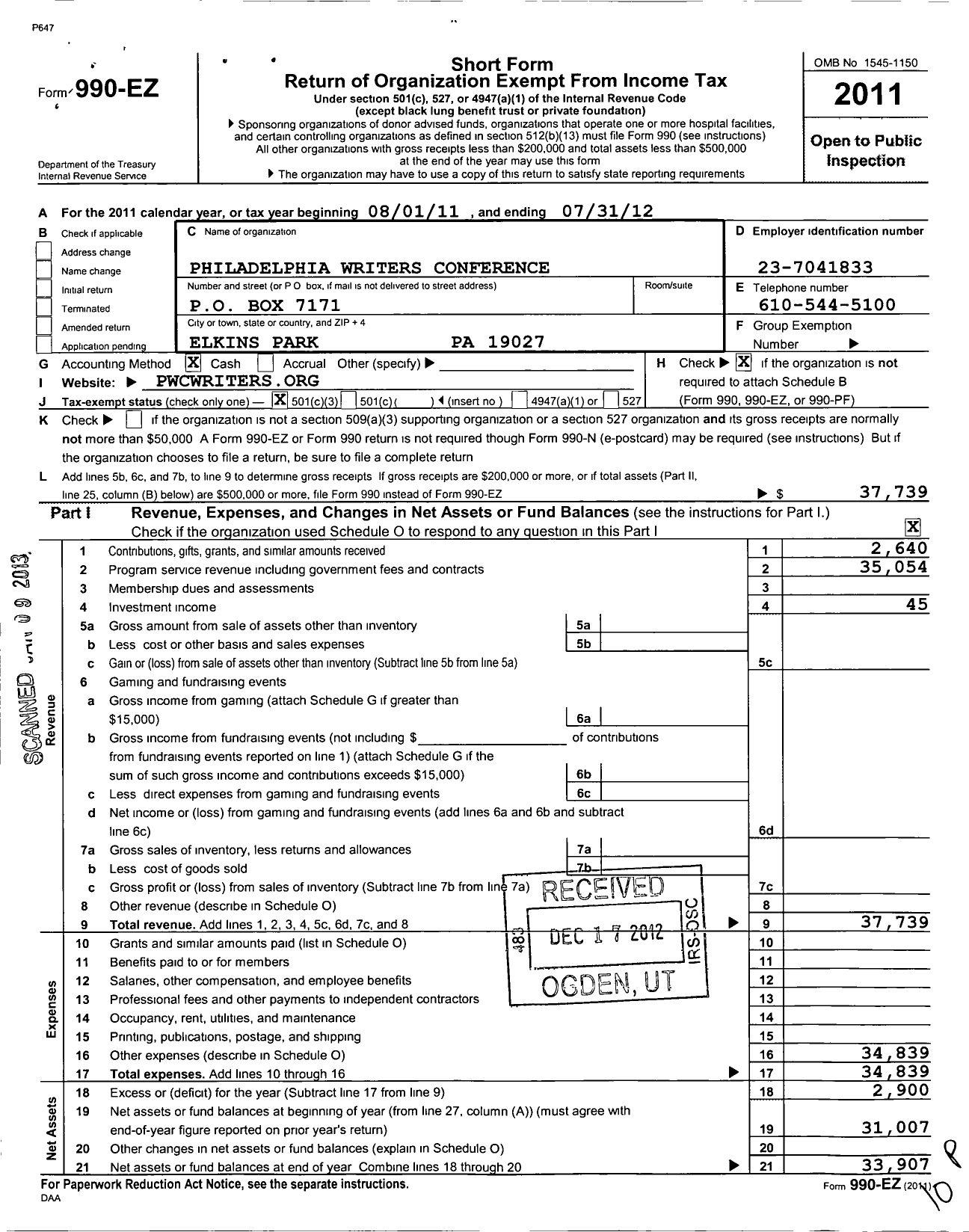 Image of first page of 2011 Form 990EZ for Philadelphia Writers Conference