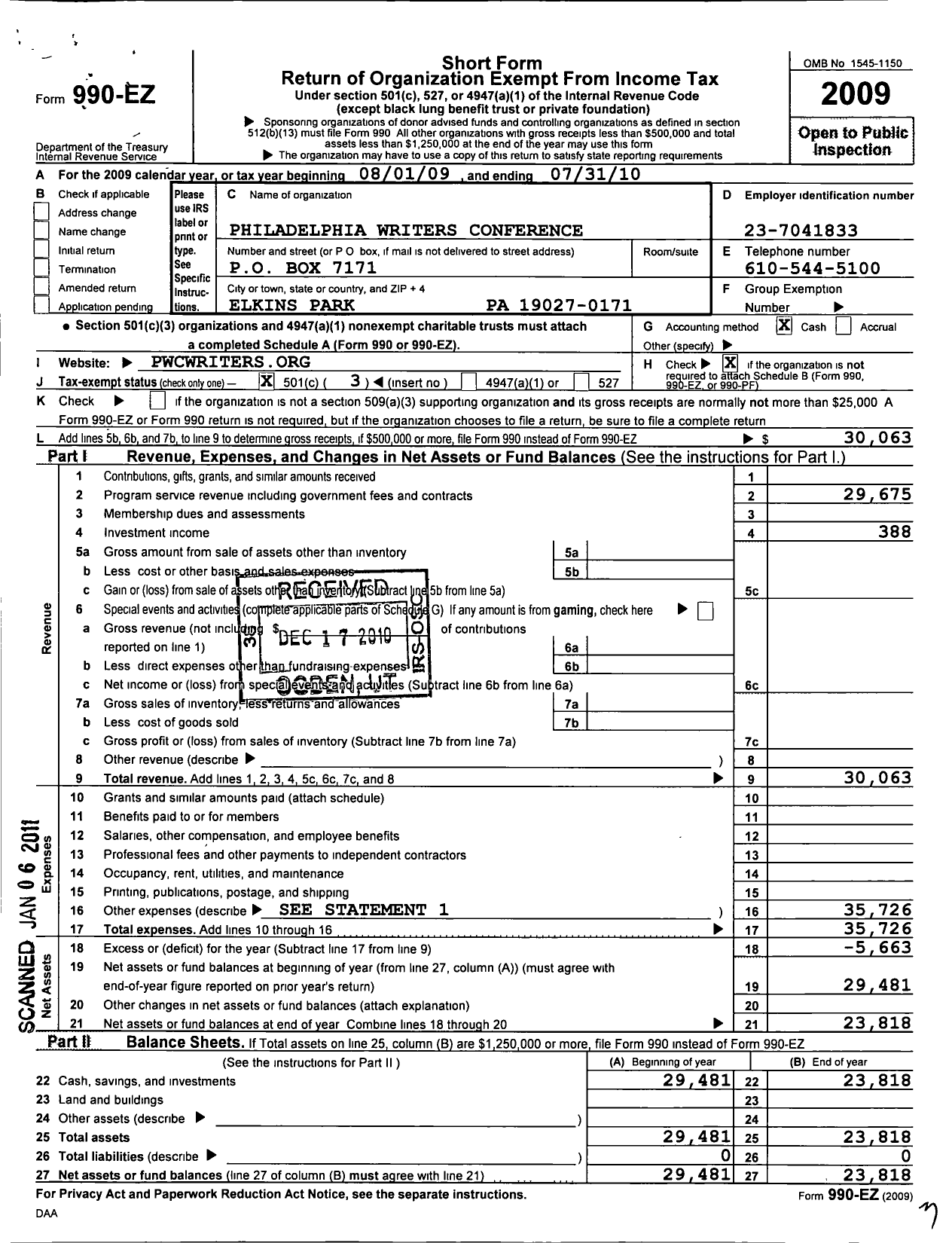 Image of first page of 2009 Form 990EZ for Philadelphia Writers Conference