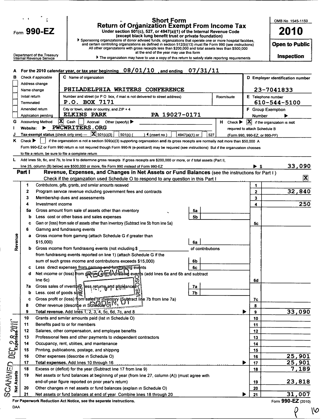 Image of first page of 2010 Form 990EZ for Philadelphia Writers Conference