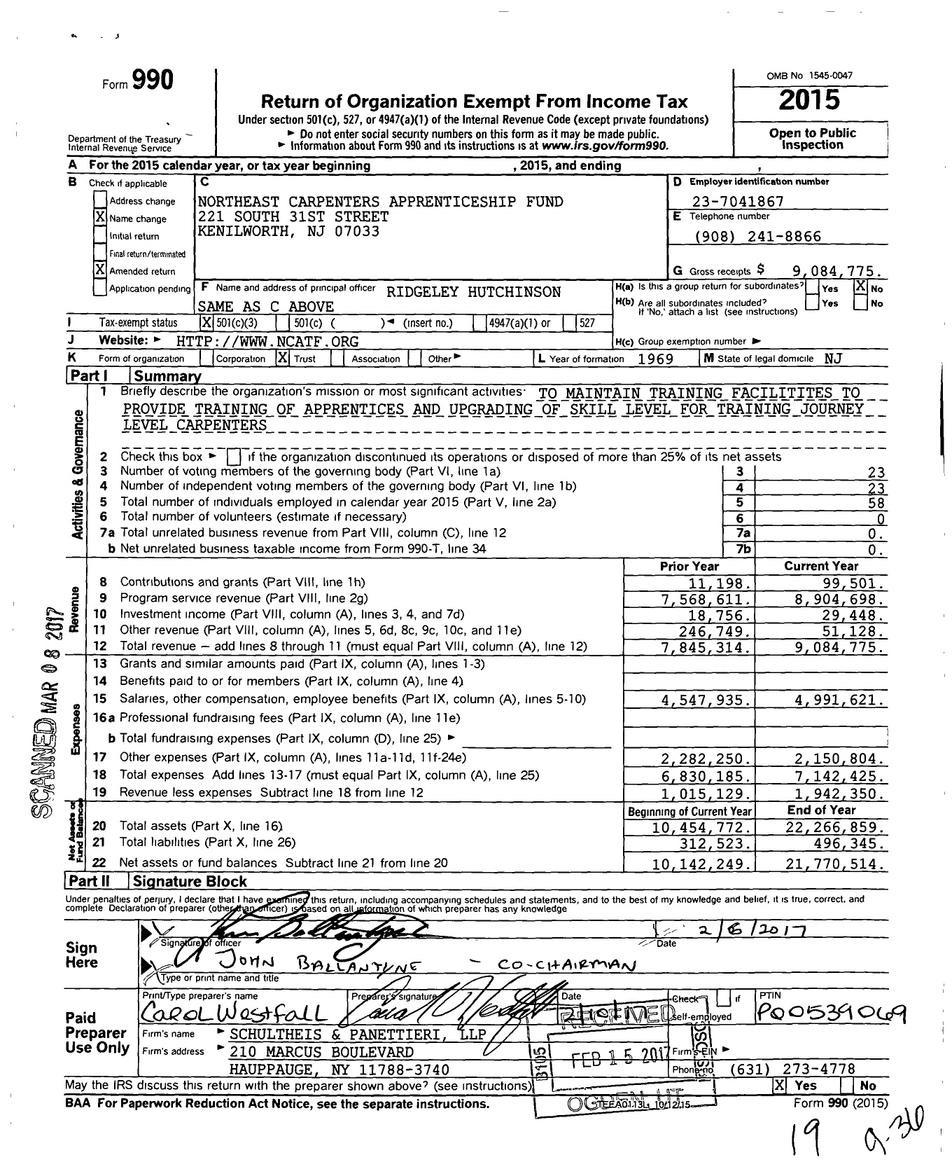 Image of first page of 2015 Form 990 for Northeast Carpenters Apprenticeship Fund (NCATEF)