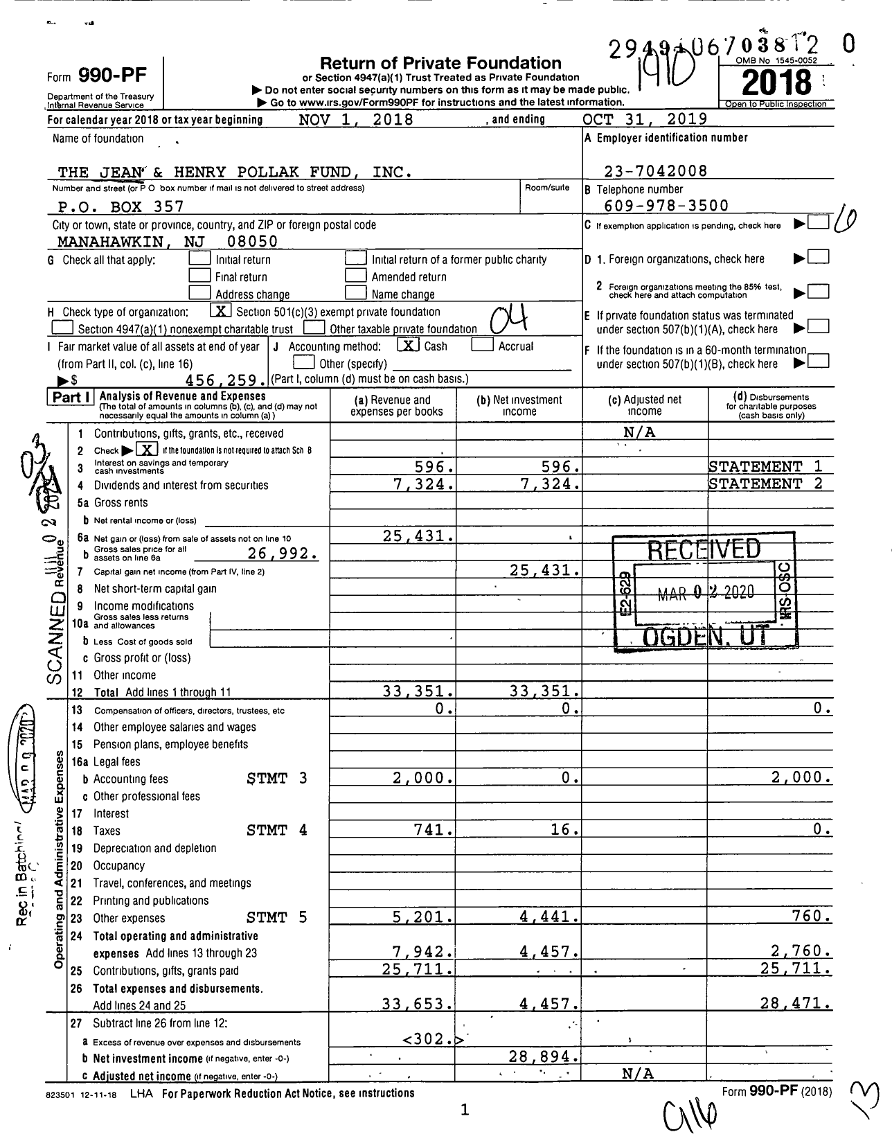 Image of first page of 2018 Form 990PR for The Jean and Henry Pollak Fund