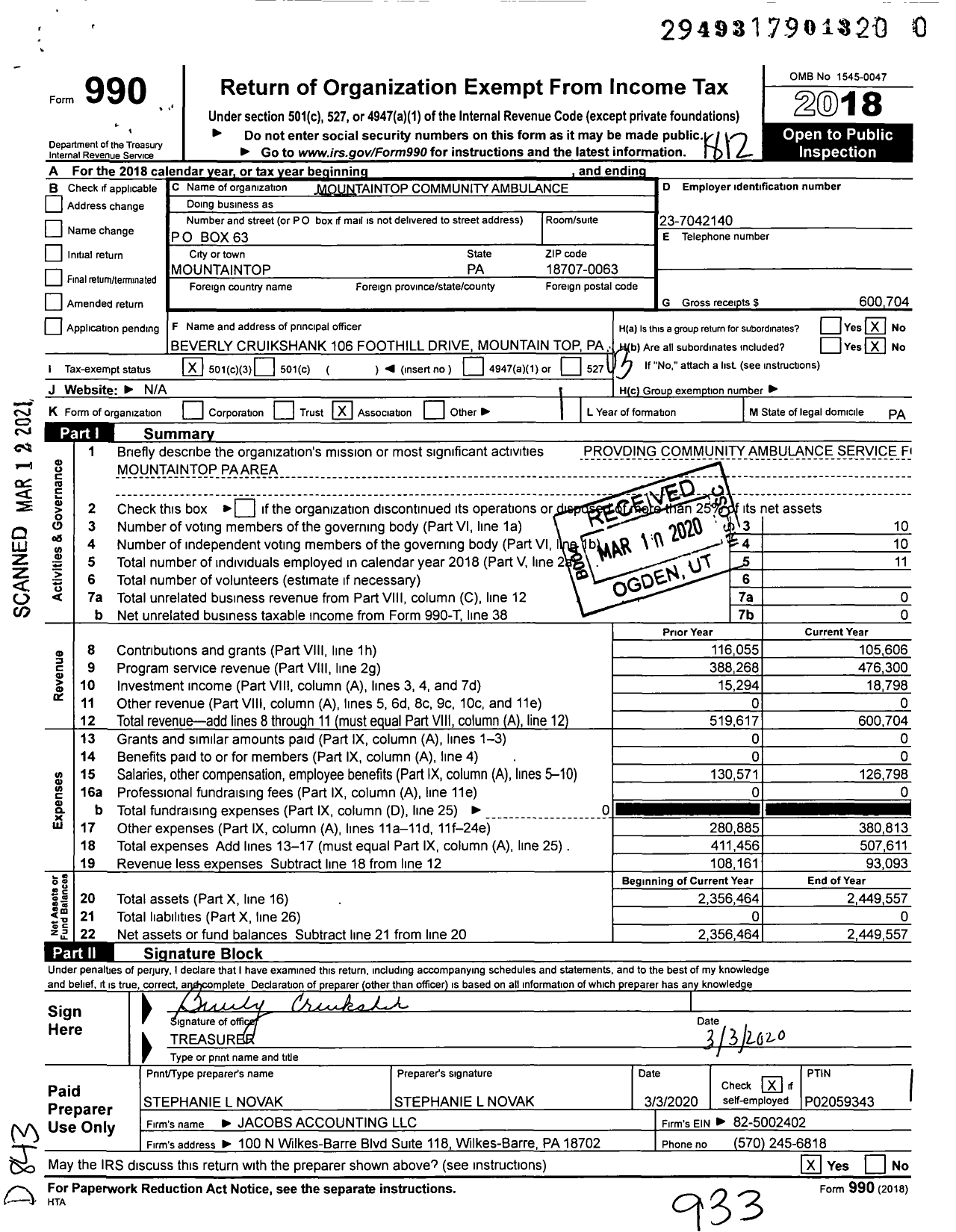 Image of first page of 2018 Form 990 for Mountaintop Community Ambulance