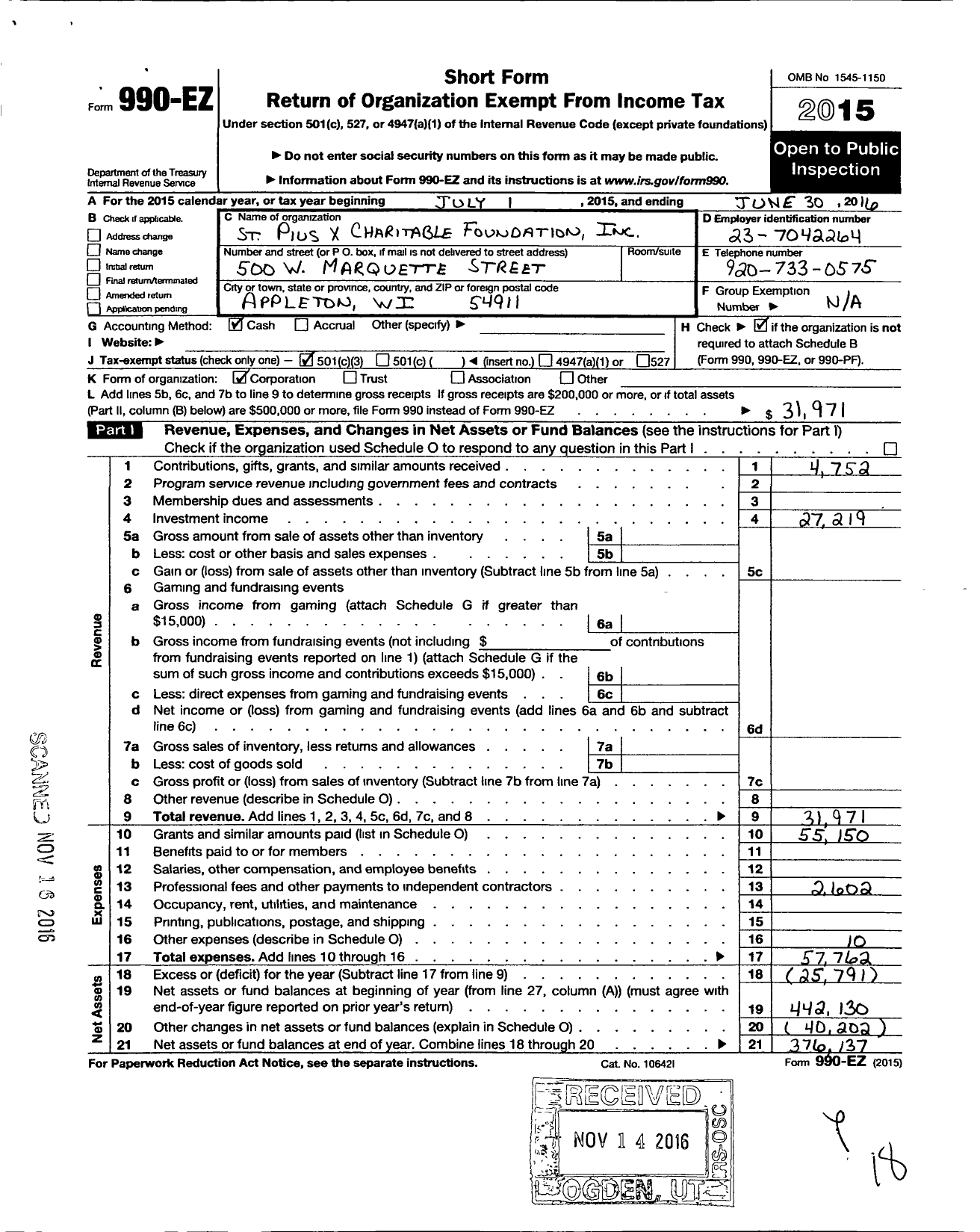 Image of first page of 2015 Form 990EZ for St Pius X Charitable Foundation