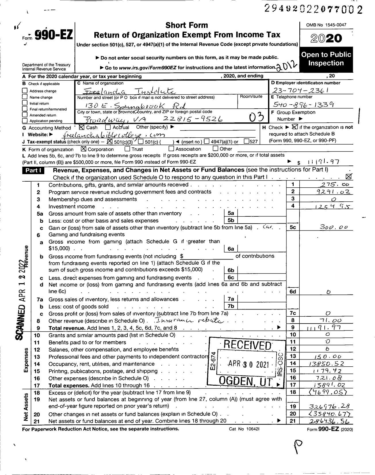 Image of first page of 2020 Form 990EZ for Freelandia Institute