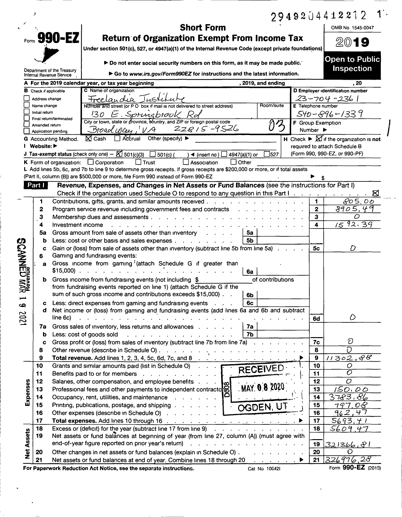 Image of first page of 2019 Form 990EZ for Freelandia Institute