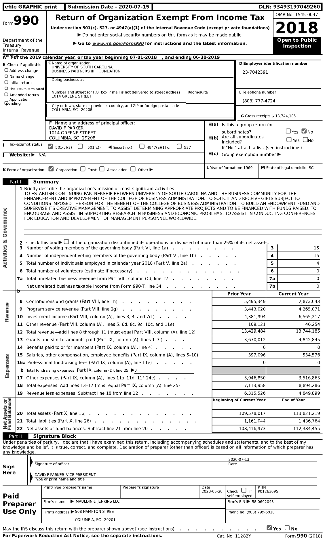 Image of first page of 2018 Form 990 for University of South Carolina Business Partnership Foundation