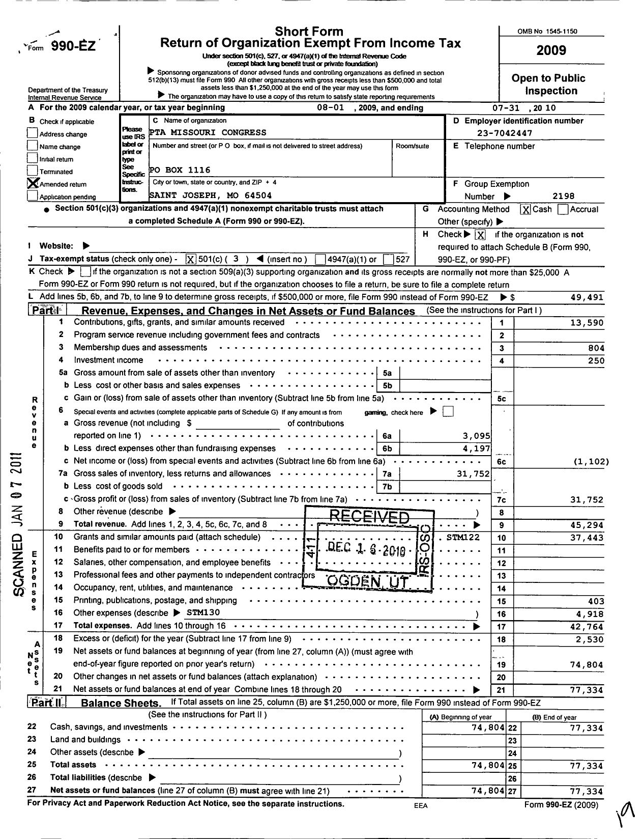 Image of first page of 2009 Form 990EZ for PTA Missouri Congress / St Joseph Area Council PTA