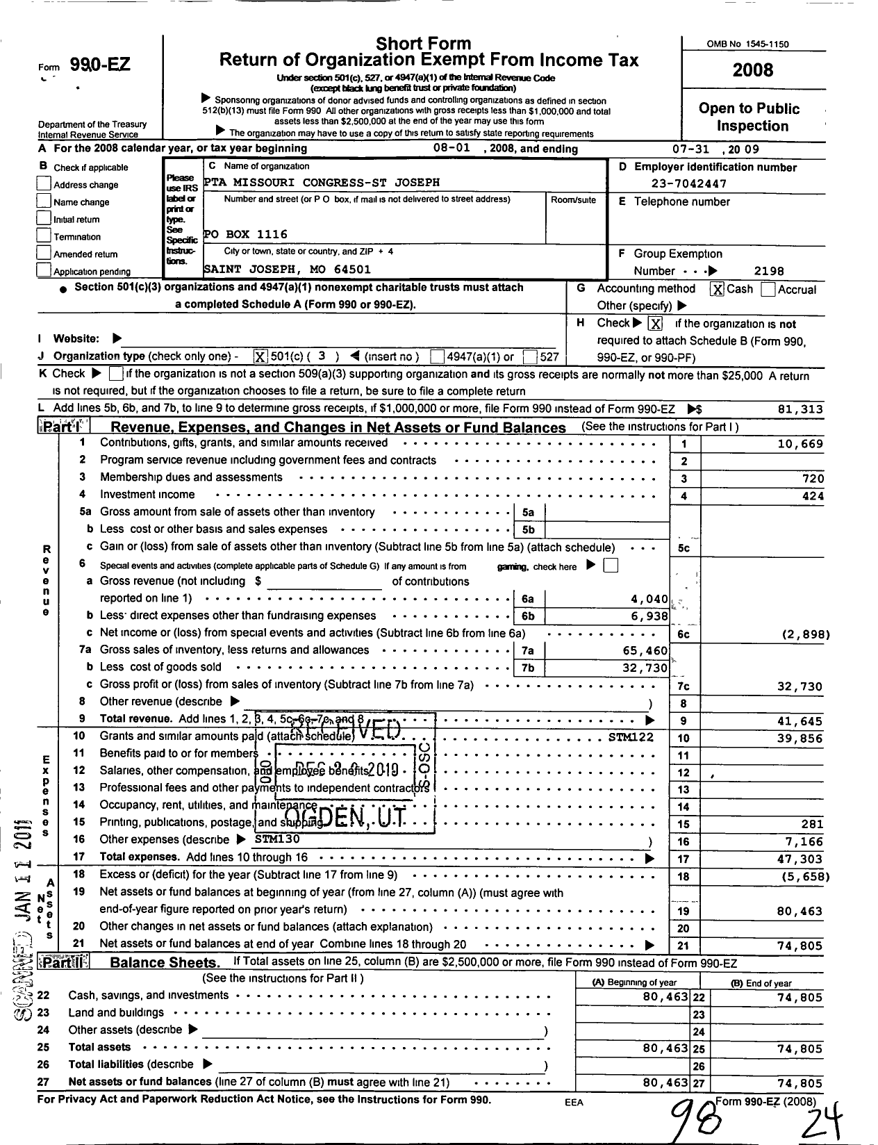 Image of first page of 2008 Form 990EZ for PTA Missouri Congress / St Joseph Area Council PTA