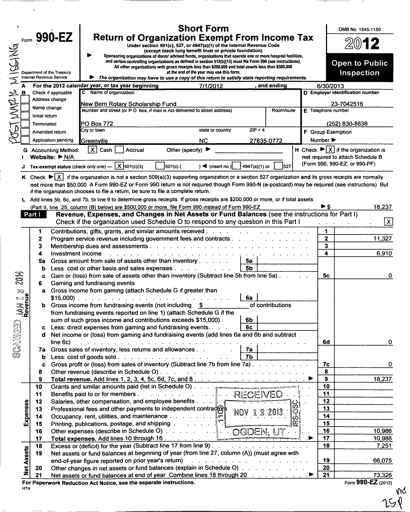 Image of first page of 2012 Form 990EZ for New Bern Rotary Scholarship Foundation