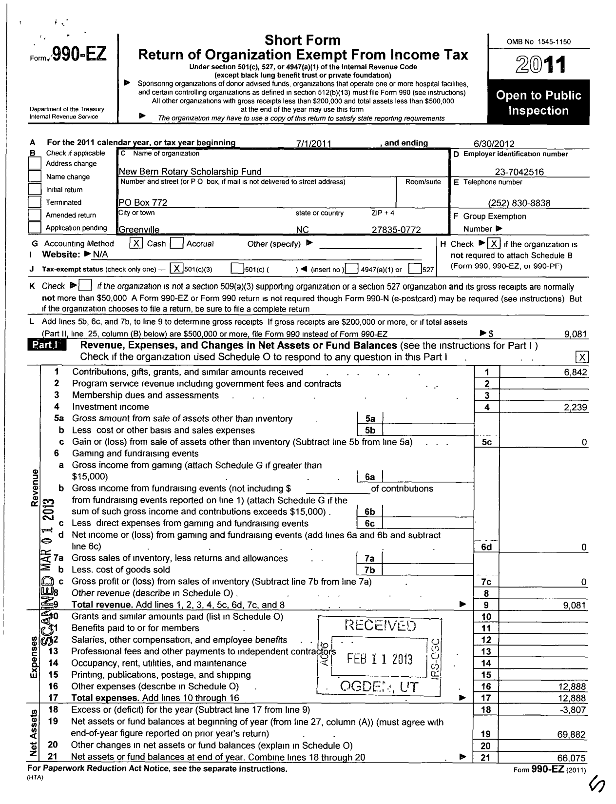 Image of first page of 2011 Form 990EZ for New Bern Rotary Scholarship Foundation