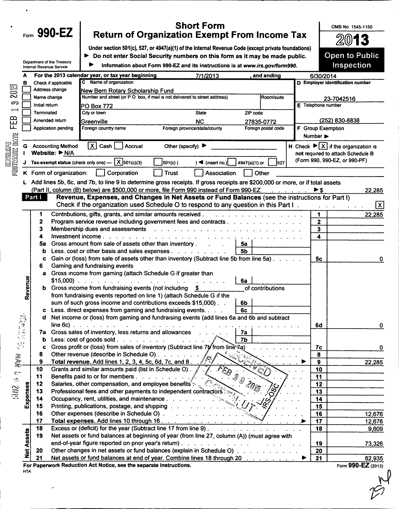 Image of first page of 2013 Form 990EZ for New Bern Rotary Scholarship Foundation