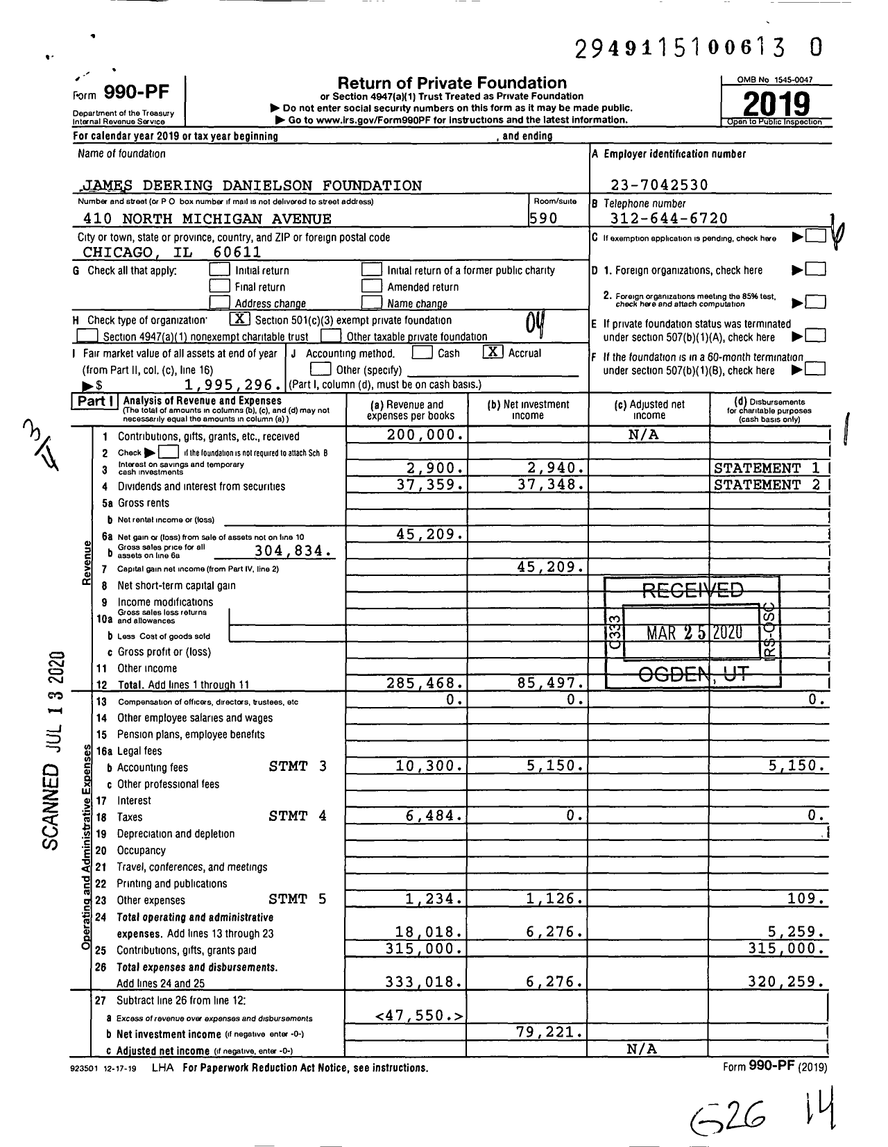 Image of first page of 2019 Form 990PR for James Deering Danielson Foundation