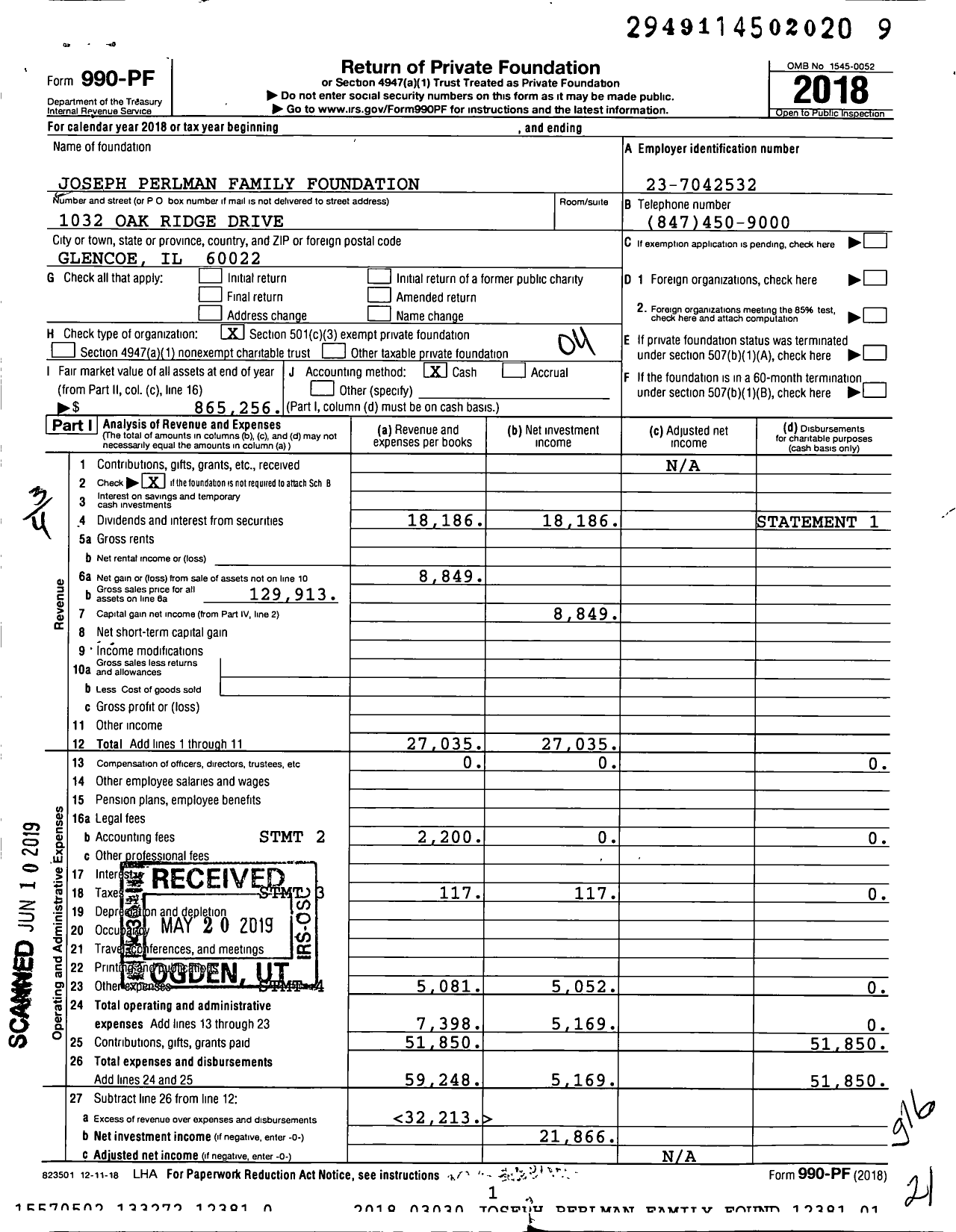 Image of first page of 2018 Form 990PF for Joseph Perlman Family Foundation
