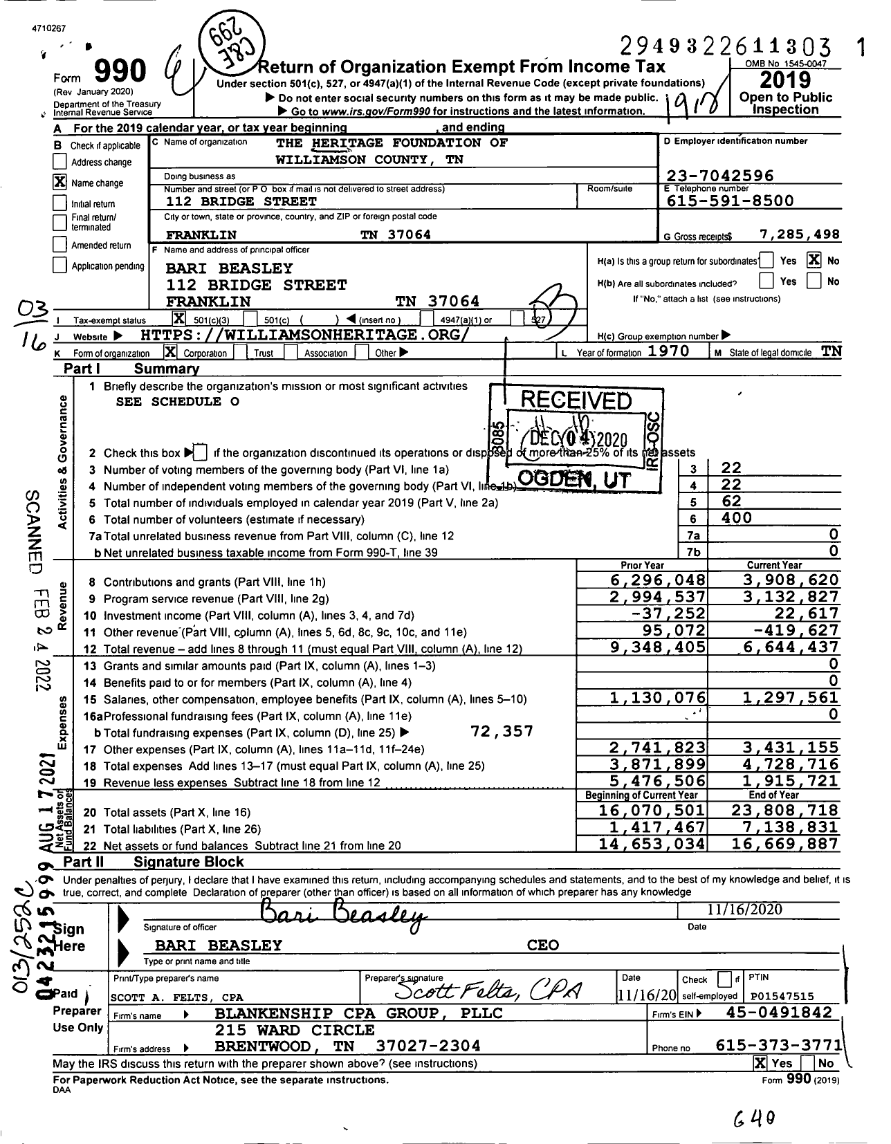 Image of first page of 2019 Form 990 for The Heritage Foundation of Williamson County TN