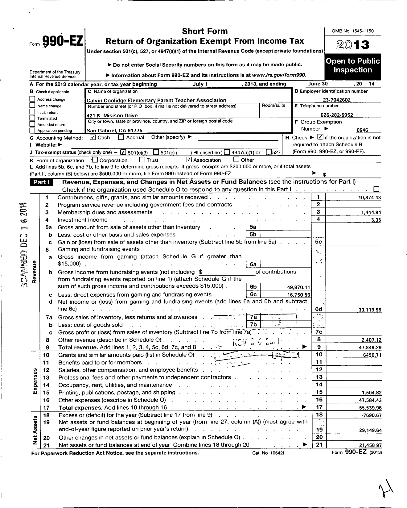 Image of first page of 2013 Form 990EZ for California State PTA - Calvin Coolidge PTA