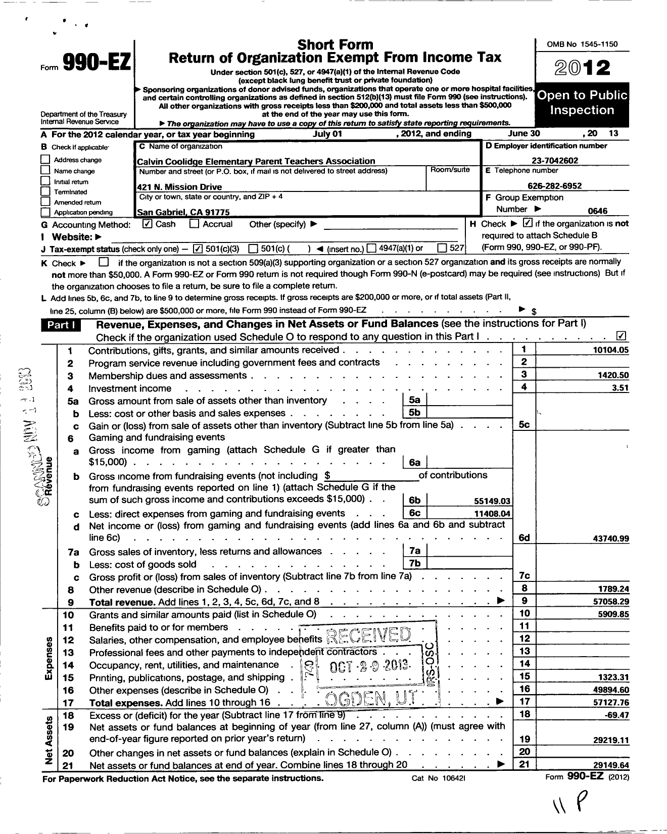 Image of first page of 2012 Form 990EZ for California State PTA - Calvin Coolidge PTA