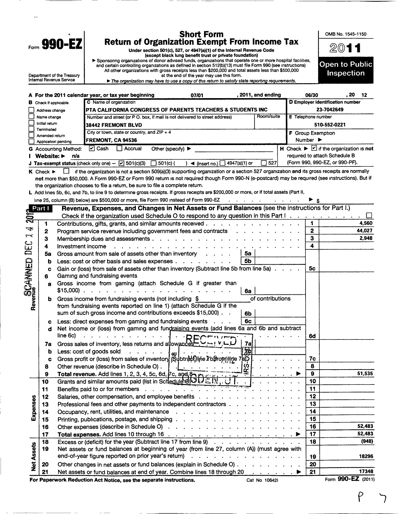 Image of first page of 2011 Form 990EZ for California State PTA - Washington Hig Ptsa