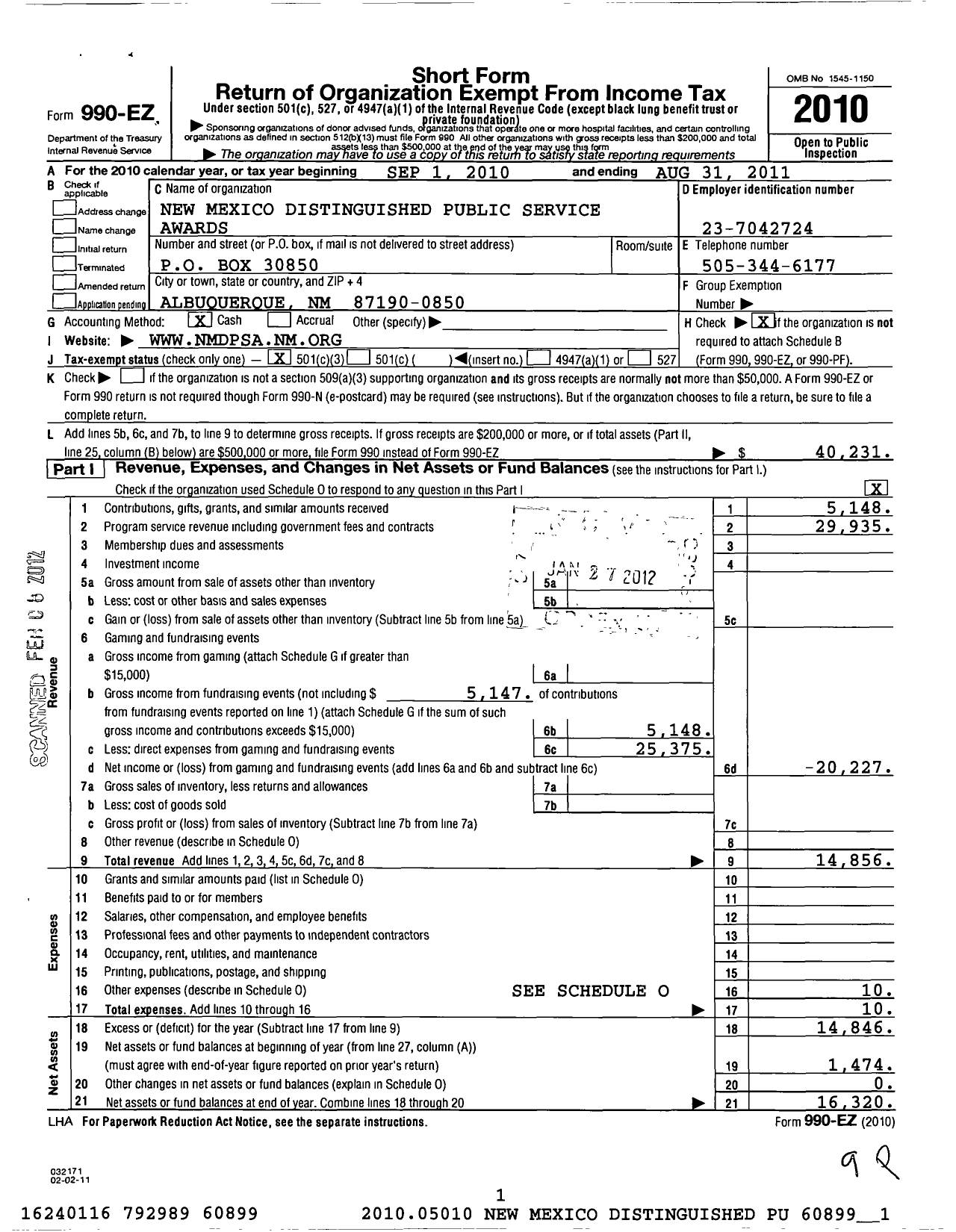 Image of first page of 2010 Form 990EZ for New Mexico Distinguished Public Service Awards Council