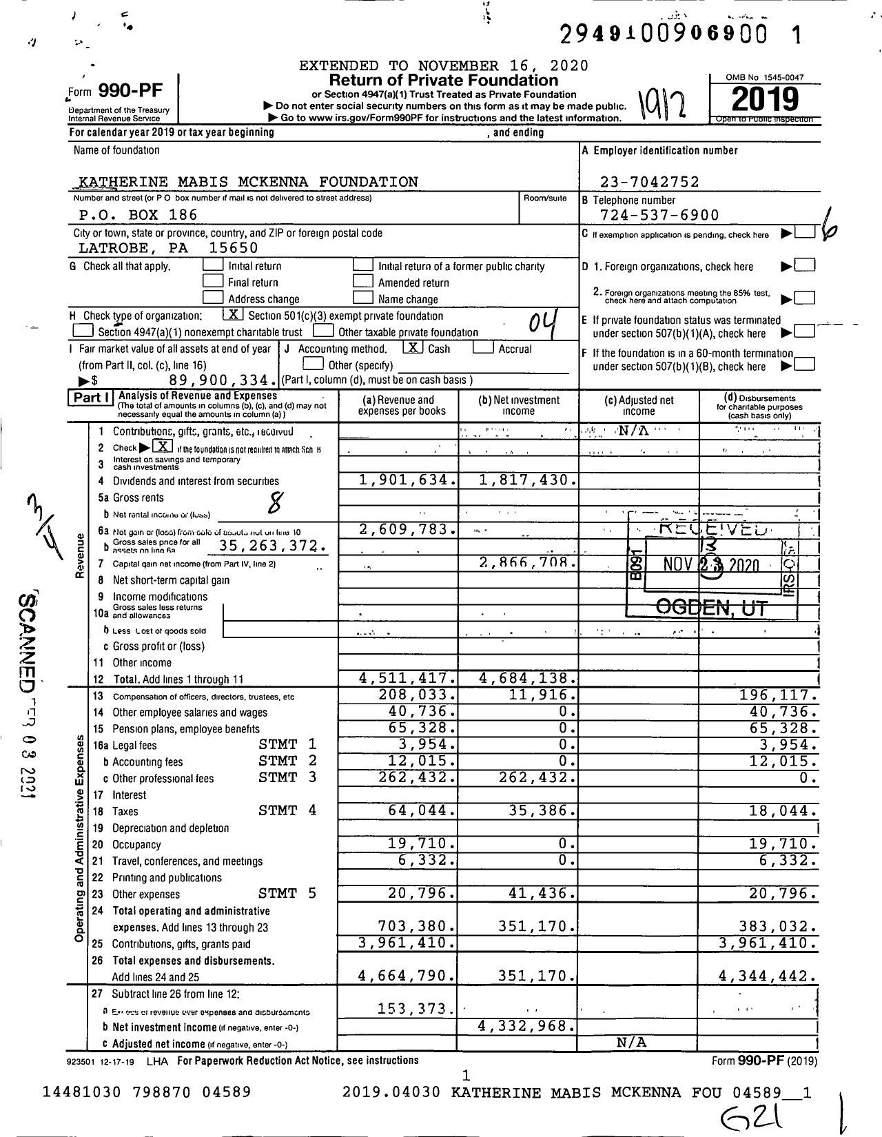 Image of first page of 2019 Form 990PF for Katherine Mabis Mckenna Foundation