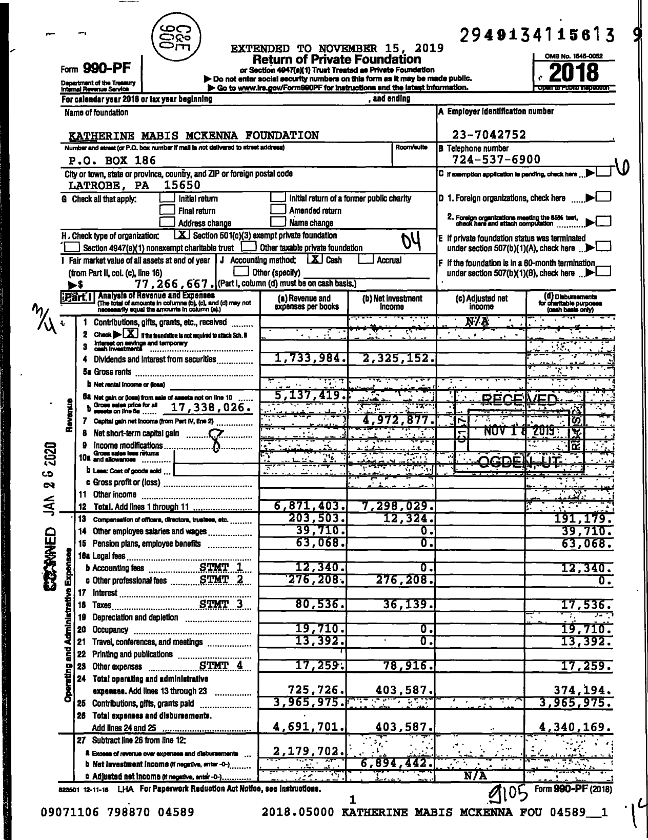 Image of first page of 2018 Form 990PF for Katherine Mabis Mckenna Foundation