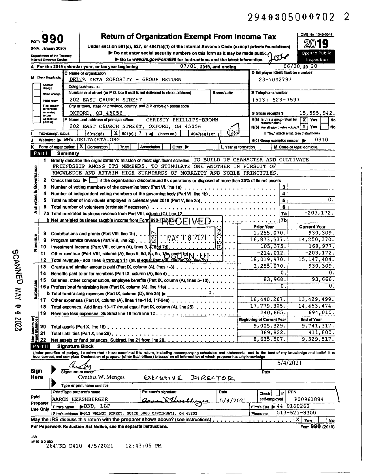 Image of first page of 2019 Form 990O for Delta Zeta Sorority - Group Return