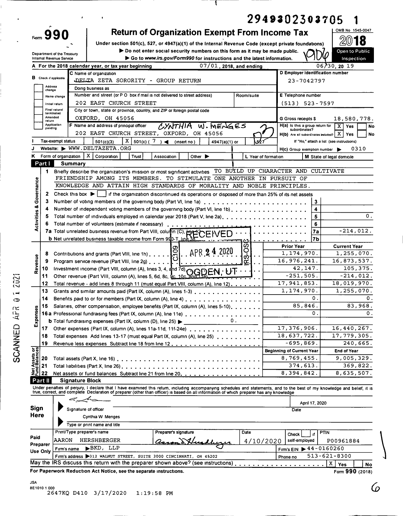 Image of first page of 2018 Form 990 for Delta Zeta Sorority - Group Return