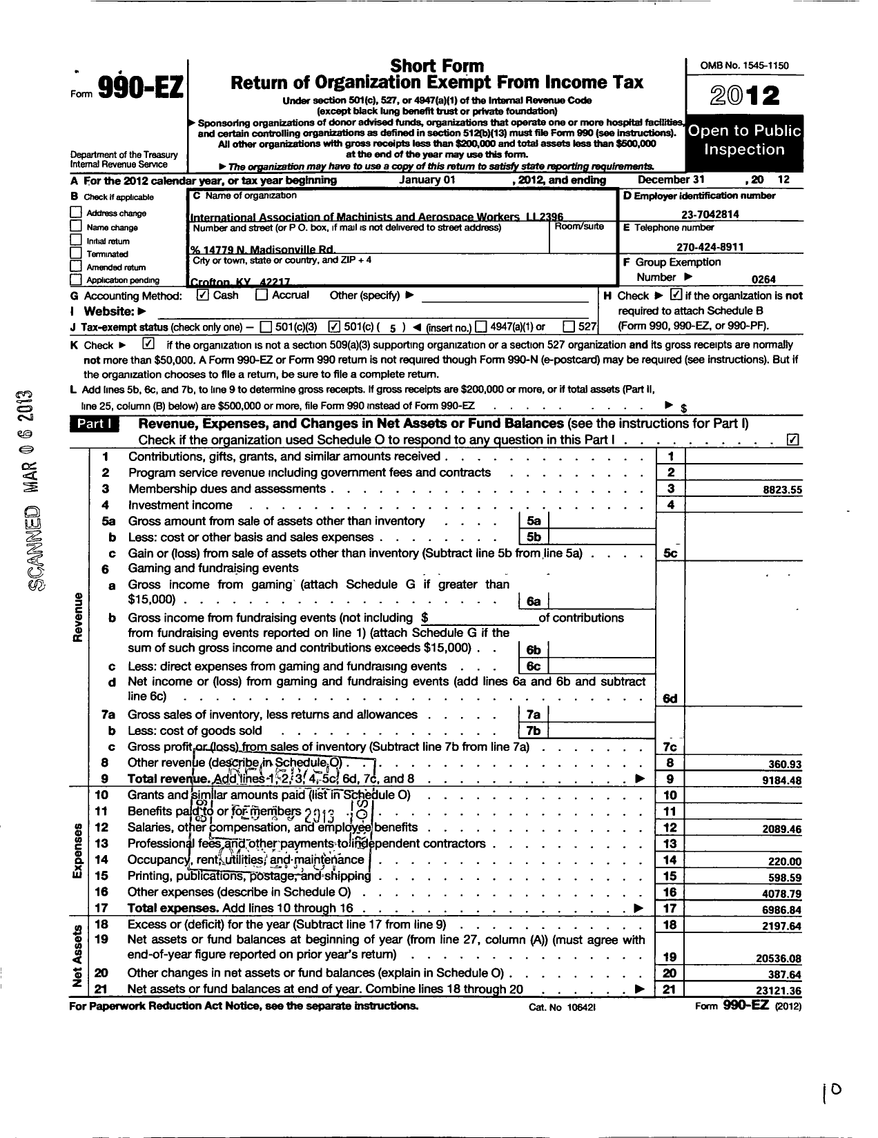 Image of first page of 2012 Form 990EO for International Association of Machinists and Aerospace Workers - LL 2396