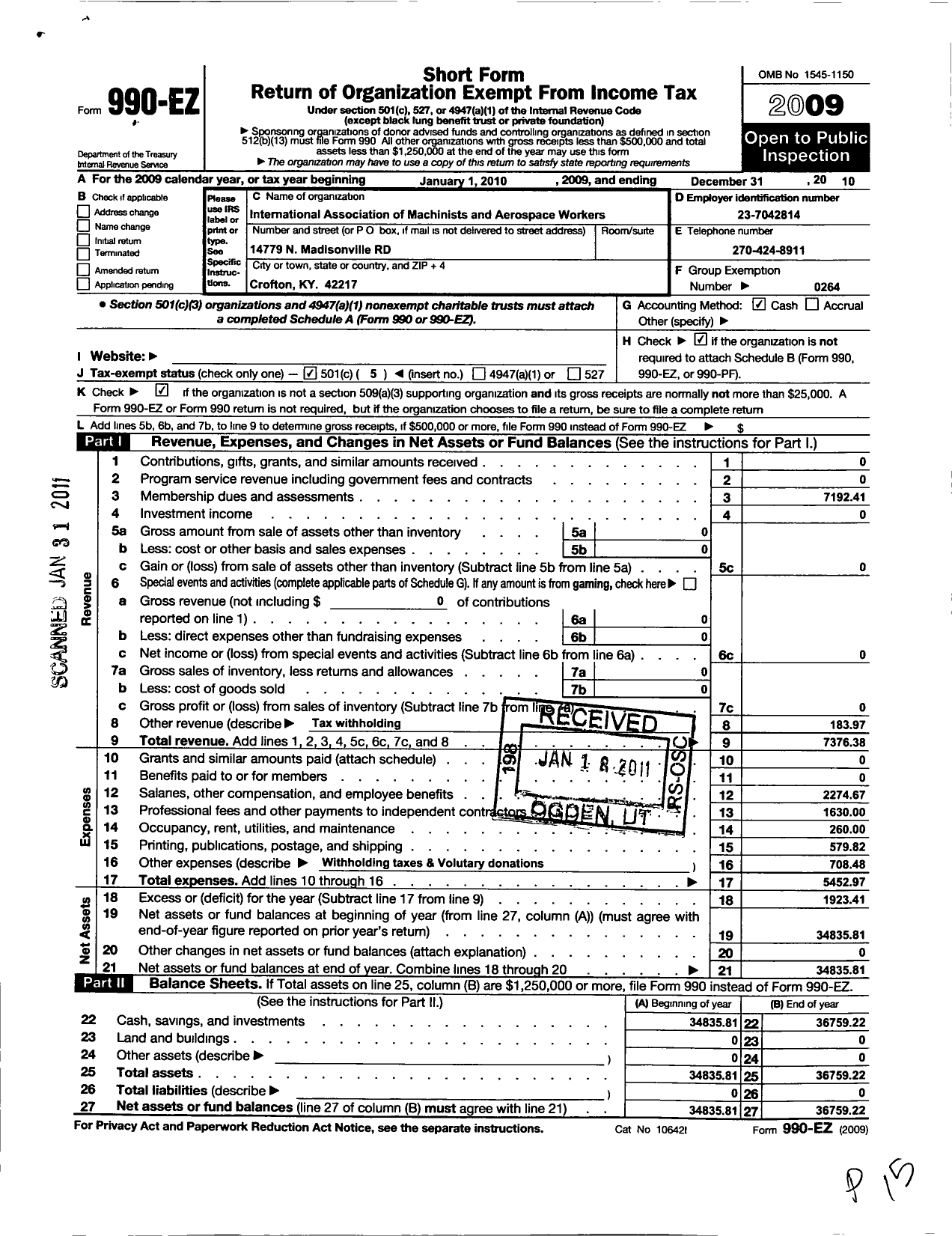 Image of first page of 2010 Form 990EO for International Association of Machinists and Aerospace Workers - LL 2396