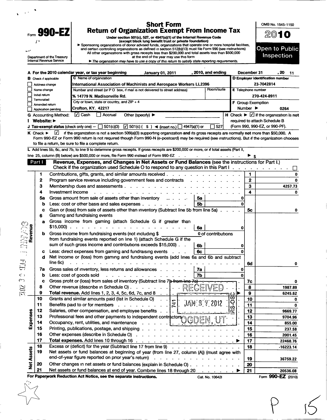 Image of first page of 2011 Form 990EO for International Association of Machinists and Aerospace Workers - LL 2396